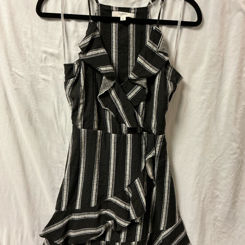 Capulet Black Striped Ruffle Wrap Mini Dress